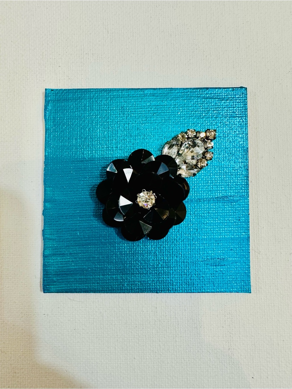 Handmade Black Flower Crystal Mixed Media Magnet 3x3